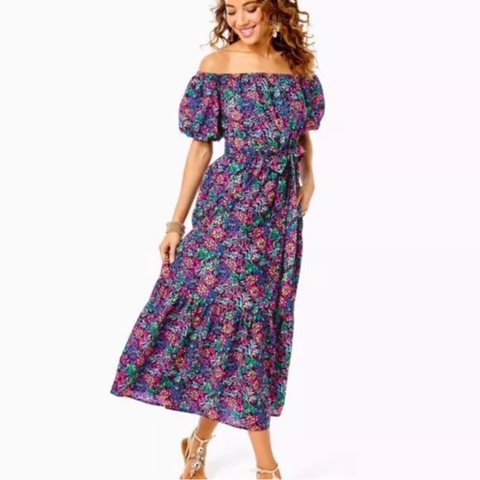 Nwt Lilly Pulitzer Tamie Off-The-Shoulder Dress In Feeling Fintastic Sz M $238